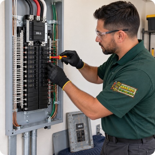 Hana Hou Home electrician upgrading an outdated 100-amp electrical panel to a modern 200-amp panel.