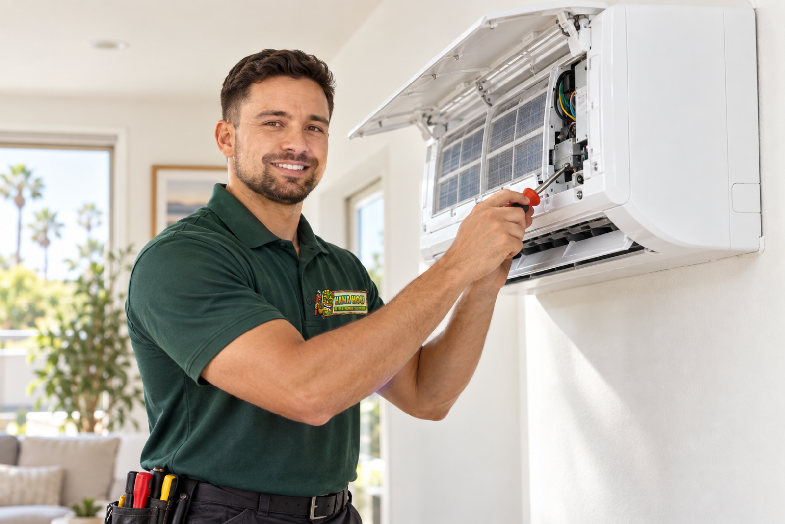 Hana Hou Home technician performing ductless AC installation in a bright Orange County home.