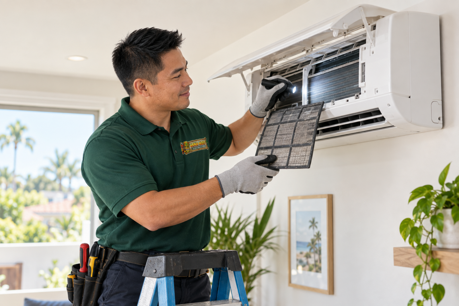Hana Hou Home technician performing AC maintenance and inspecting a mini-split filter in an Orange County home.