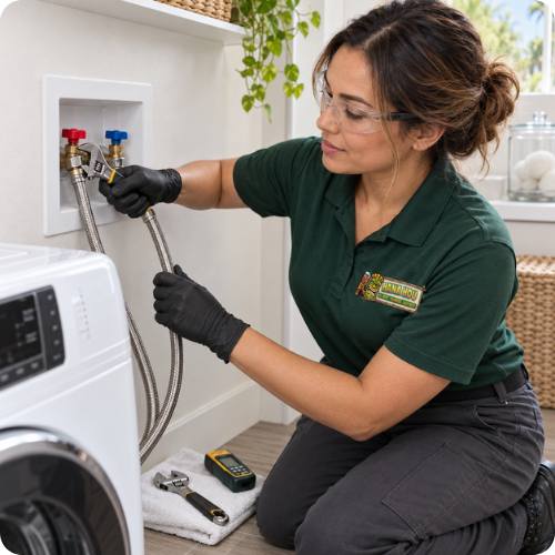 Hana Hou Home technician inspecting braided washing machine supply lines and hot and cold shutoff valves.