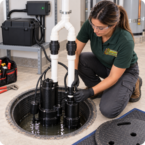 Hana Hou Home technician installing a battery-powered backup pump in a residential sump basin.