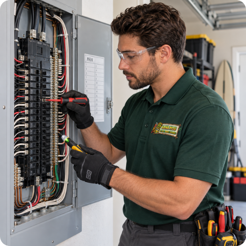 Hana Hou Home electrician inspecting residential circuit breakers and electrical wiring with insulated testing tools.