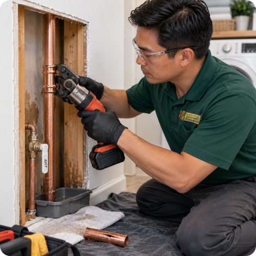 Hana Hou Home plumber repairing a burst copper water pipe with a press-fit coupling.
