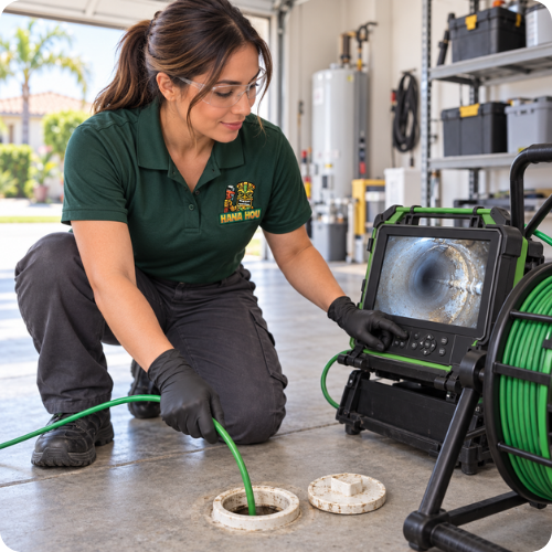 Hana Hou Home technician performing a sewer camera inspection through a garage cleanout.