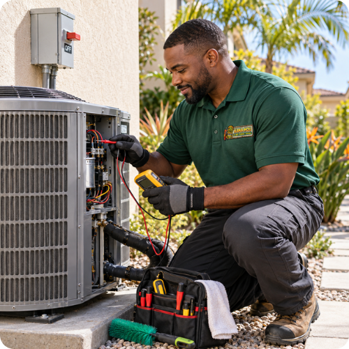 Hana Hou Home technician performing a central AC tune-up and electrical inspection in Orange County.