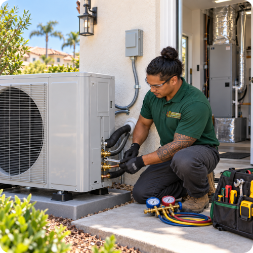 Central heat pump installation by a Hana Hou Home technician at an Orange County residence.