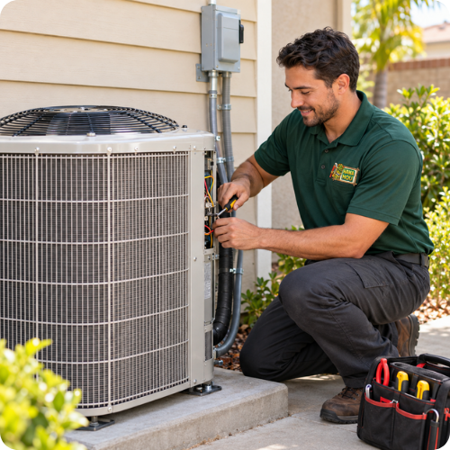 Hana Hou Home technician completing a central split-system AC installation at an Orange County residence.
