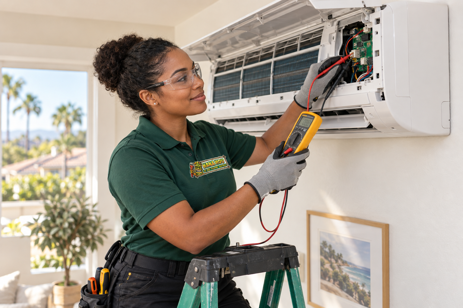Hana Hou Home technician diagnosing a ductless air conditioner during an AC repair service in Orange County.