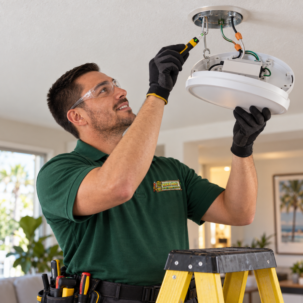 Hana Hou Home electrician repairing a flush-mount LED ceiling light in a Southern California home.