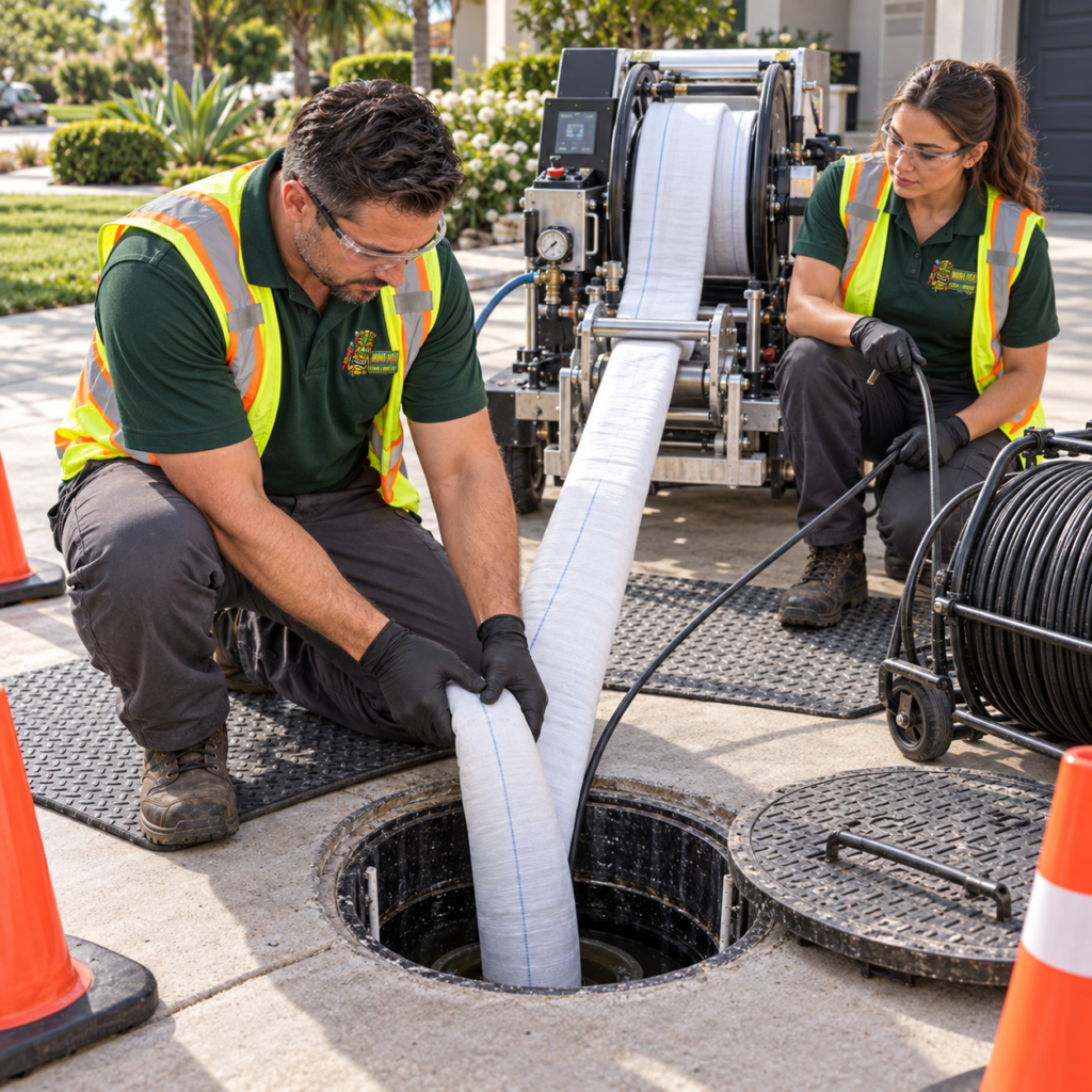 Hana Hou Home technicians installing a trenchless sewer pipe liner through a residential access point.