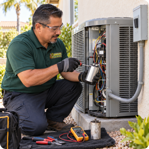 Hana Hou Home technician replacing a failed capacitor during a central AC repair in Orange County.
