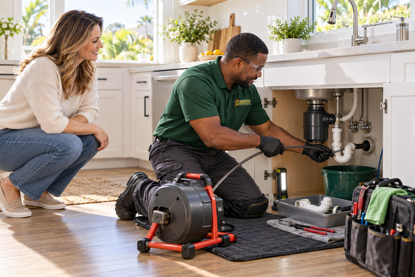 Drain cleaning service by a Hana Hou Home plumber clearing a kitchen drain in an Orange County residence.