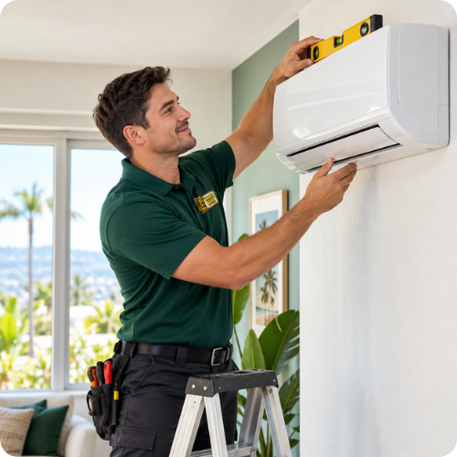 Hana Hou Home technician completing a ductless mini-split installation in an Orange County home.