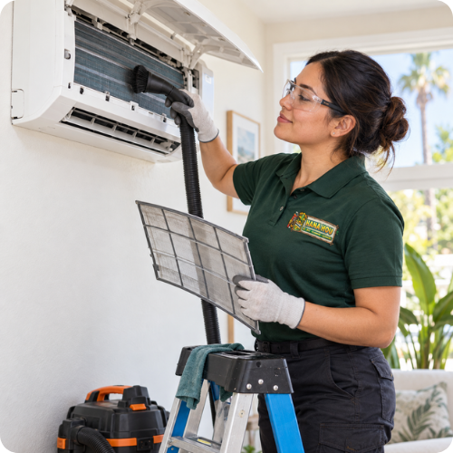 Hana Hou Home technician performing ductless mini-split maintenance and filter cleaning in an Orange County home.