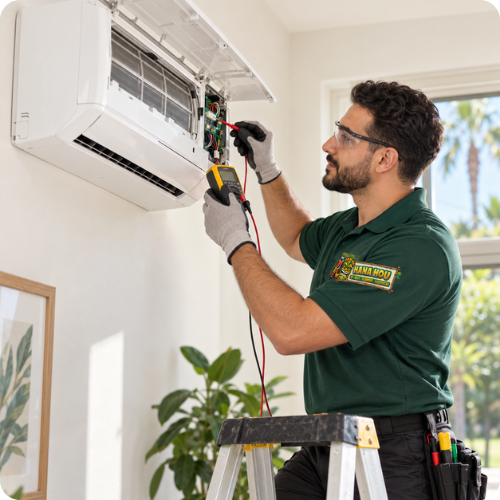 Hana Hou Home technician diagnosing a ductless mini-split repair with professional testing equipment in Orange County.