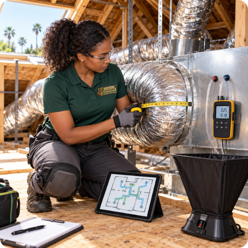 Ductwork evaluation and sizing by a Hana Hou Home technician measuring attic ducts in Orange County.