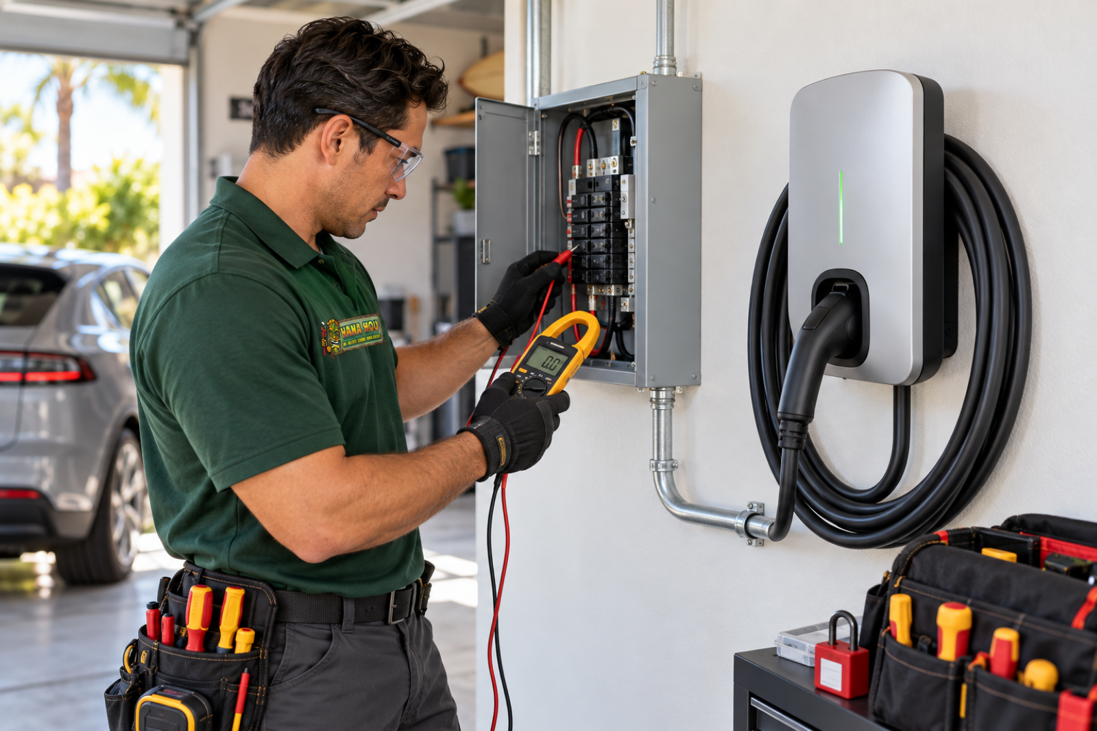 EV charger installation service by a Hana Hou Home electrician in a Southern California garage.