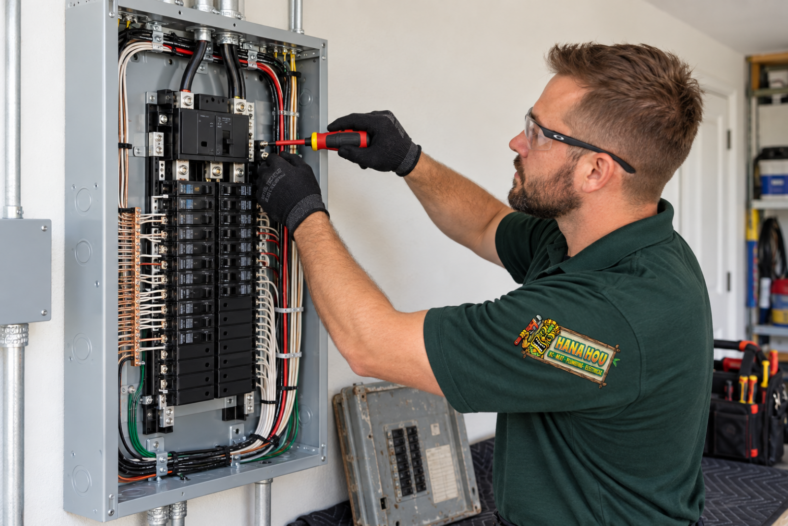Hana Hou Home electrician installing a modern high-capacity residential electrical panel.