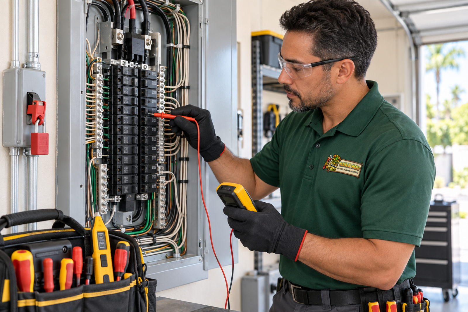 Electrical repair service by a Hana Hou Home electrician testing a residential circuit breaker panel.