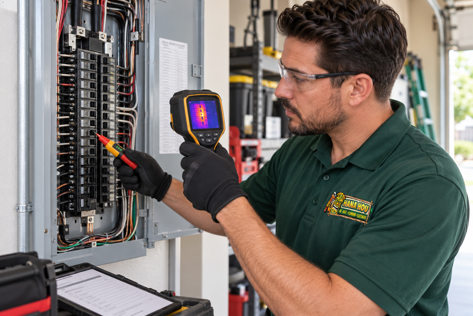 Hana Hou Home electrician performing an electrical safety inspection with a thermal camera and voltage tester.