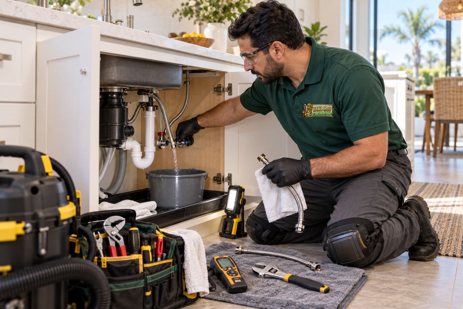 Emergency plumbing service by a Hana Hou Home plumber stopping an under-sink leak in Orange County.