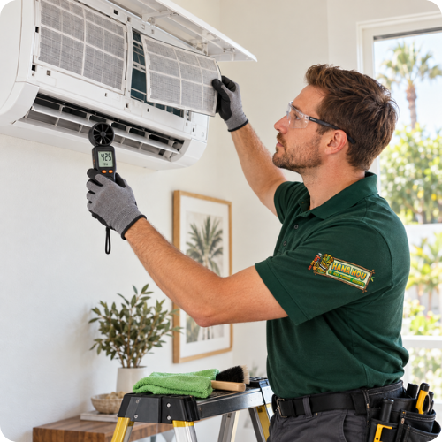 Filter and airflow checks by a Hana Hou Home technician servicing a ductless system in Orange County.