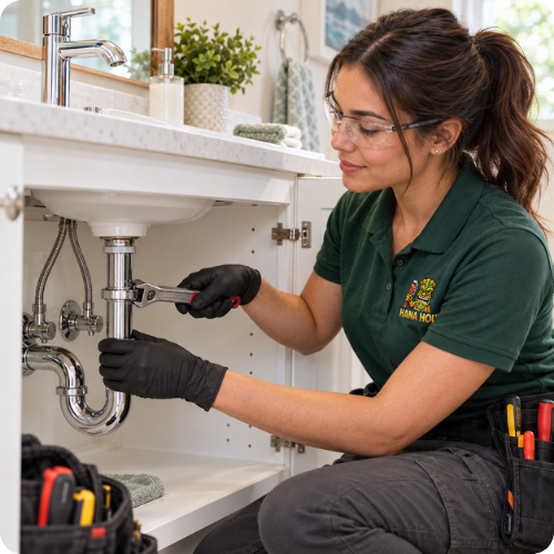 Hana Hou Home plumber repairing a bathroom faucet connection and chrome drain assembly beneath a sink.