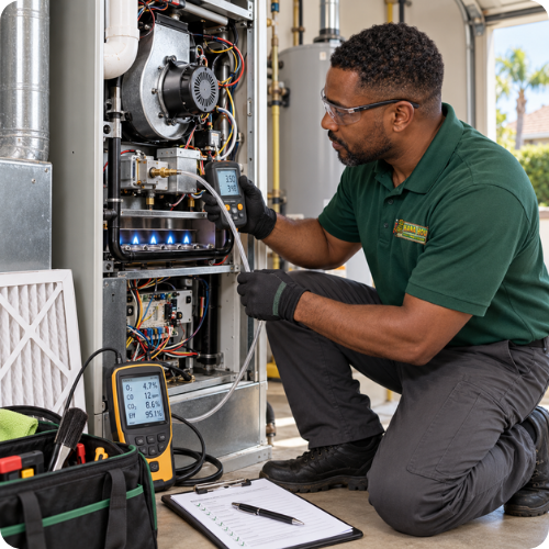 Furnace tune-up by a Hana Hou Home technician testing a residential heating system in Orange County.