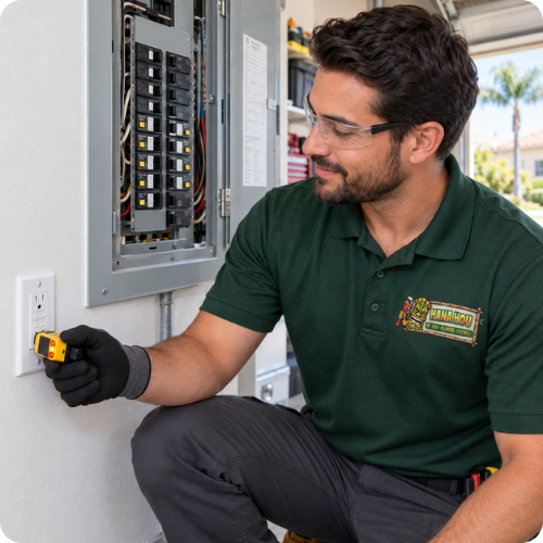 Hana Hou Home electrician testing a GFCI outlet beside a residential panel with AFCI breakers.