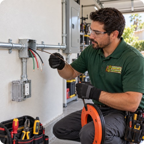 Hana Hou Home electrician installing garage circuit wiring through secured metal conduit.