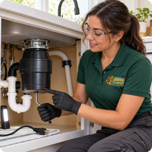 Hana Hou Home plumber safely clearing a garbage disposal jam and checking its reset button.
