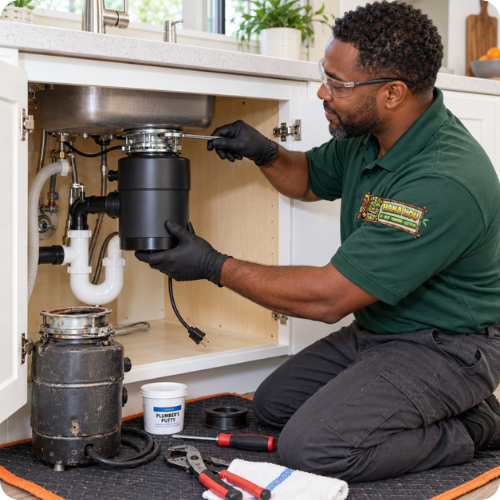 Hana Hou Home plumber replacing an old garbage disposal with a new under-sink unit.