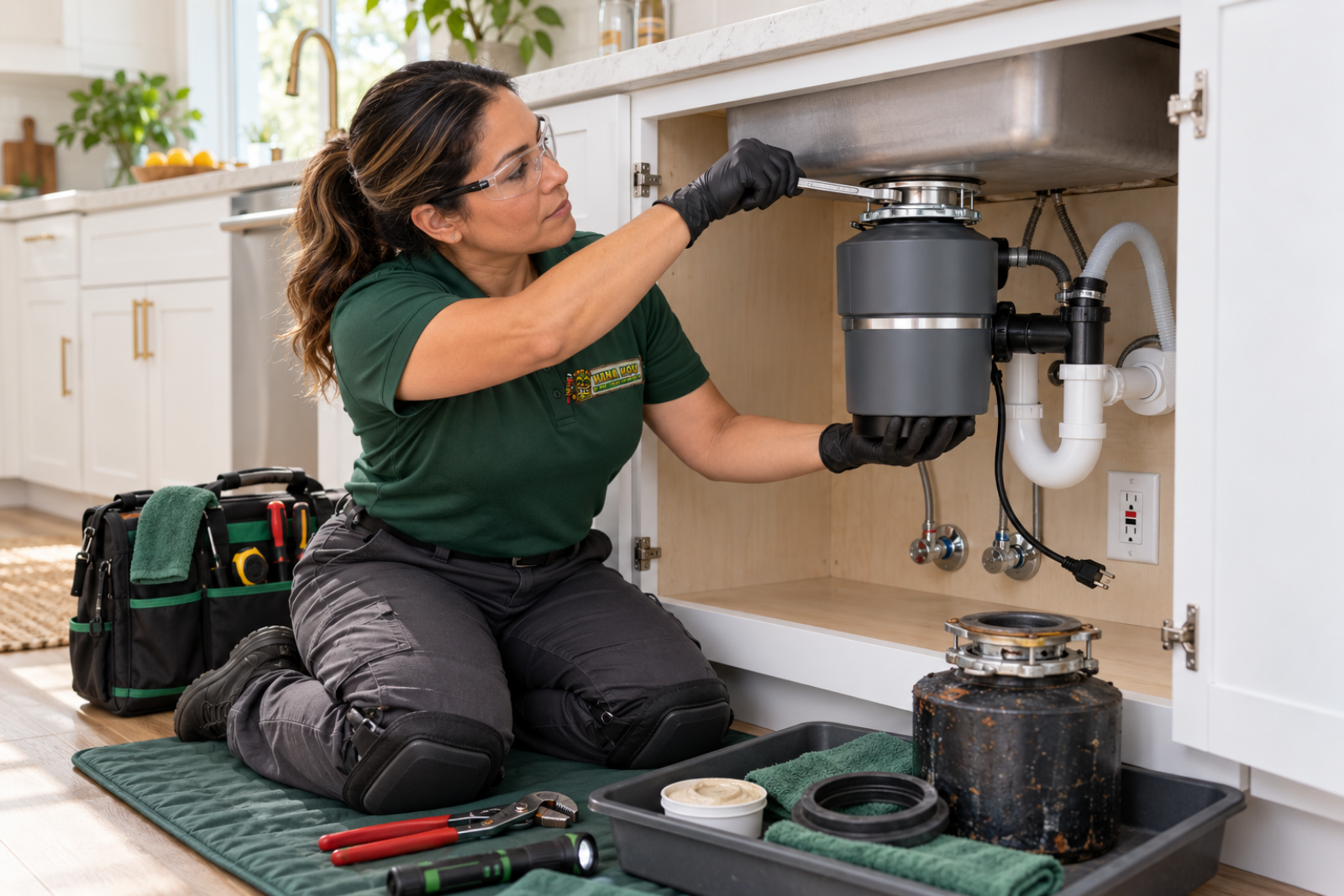 Garbage disposal service by a Hana Hou Home plumber installing an under-sink unit in Orange County.