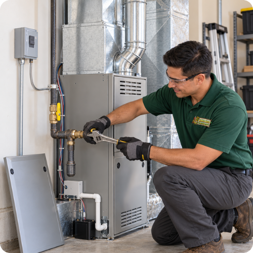 Gas furnace installation by a Hana Hou Home technician in a clean Orange County residential utility room.