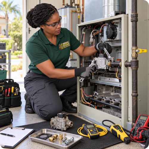 Gas furnace repair by a Hana Hou Home technician replacing a gas valve in an Orange County residence.