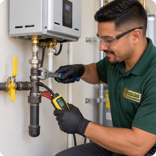 Hana Hou Home plumber repairing a gas connection and performing a safety leak check.
