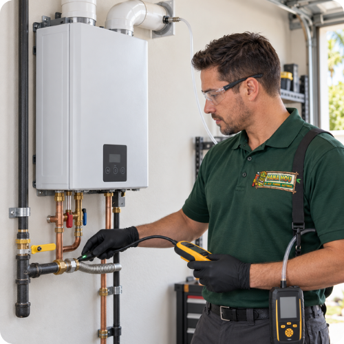 Hana Hou Home technician performing gas line and venting safety checks on a residential tankless water heater.