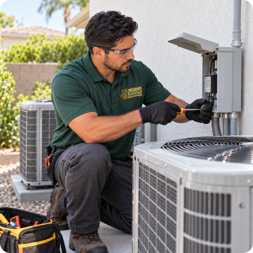 Hana Hou Home HVAC technician installing surge protection beside residential air-conditioning equipment