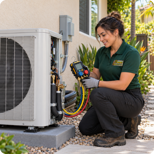 Hana Hou Home technician completing a heat pump installation at an Orange County residence.