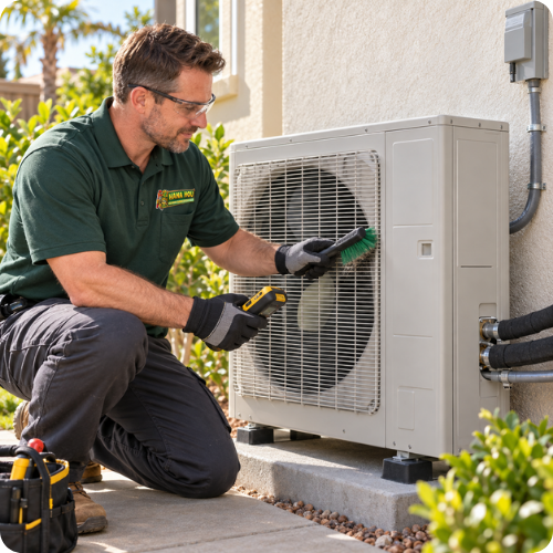 Hana Hou Home technician performing heat pump maintenance at an Orange County residence.