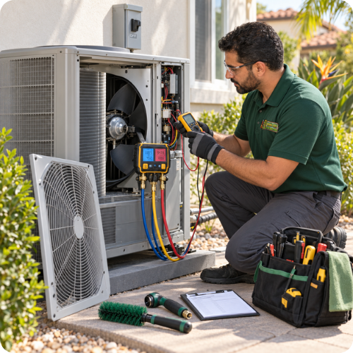 Heat pump maintenance by a Hana Hou Home technician servicing an outdoor unit in Orange County.