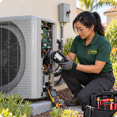 Hana Hou Home technician diagnosing an electronic fault during a heat pump repair in Orange County.
