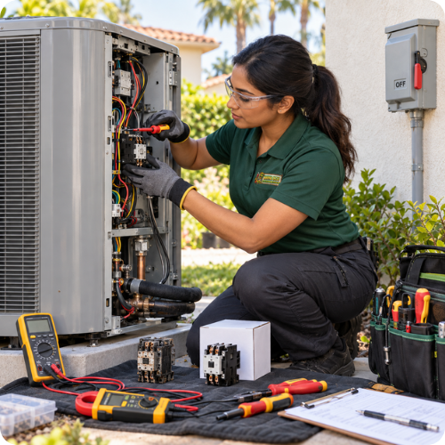 Heat pump repair by a Hana Hou Home technician replacing an electrical component in Orange County.
