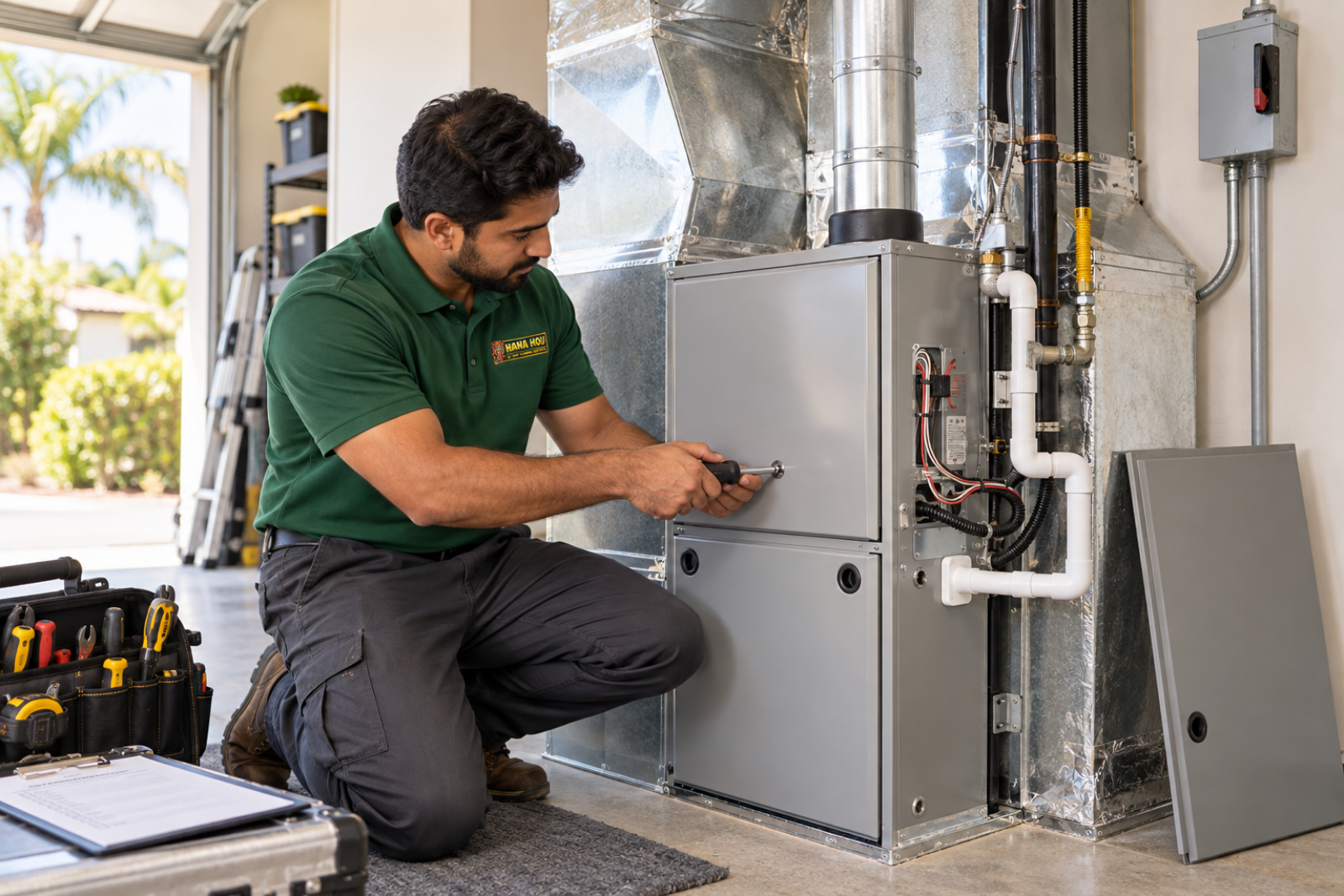 Hana Hou Home technician completing a professional heating installation in an Orange County residence.