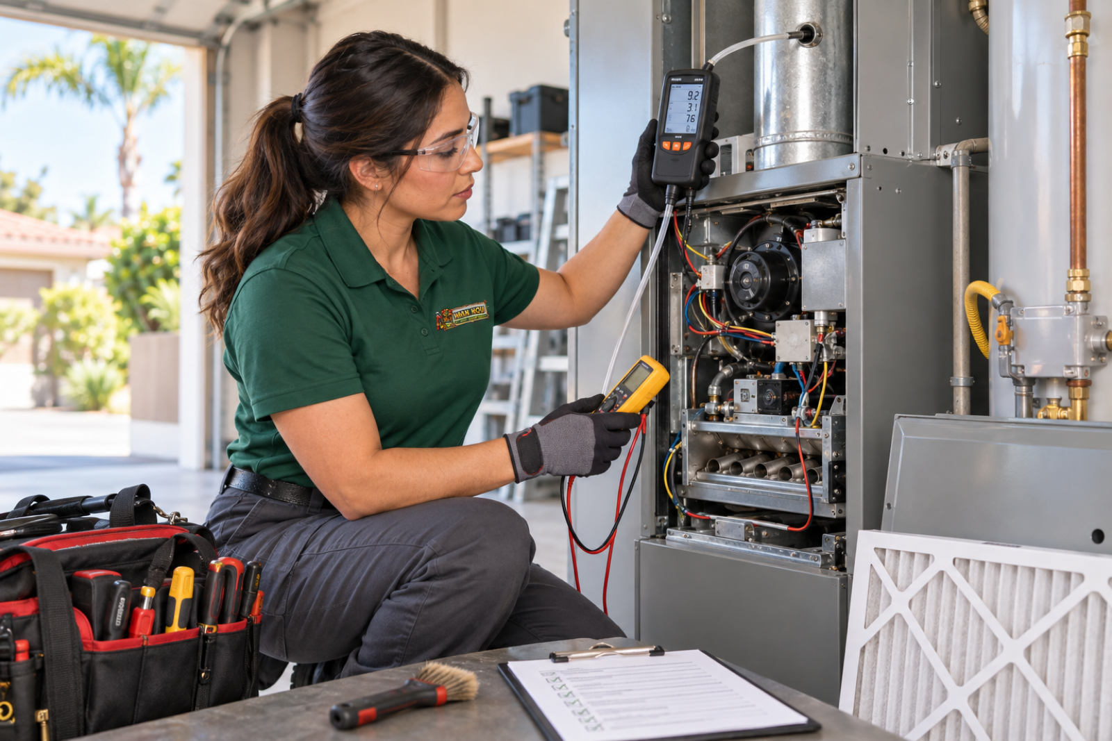 Heating maintenance by a Hana Hou Home technician inspecting a residential furnace in Orange County.