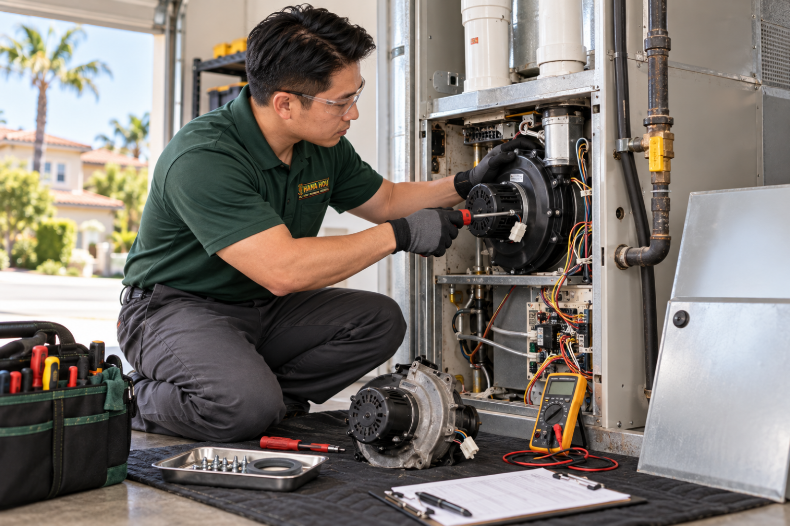 Heating repair by a Hana Hou Home technician replacing a furnace component in an Orange County residence.