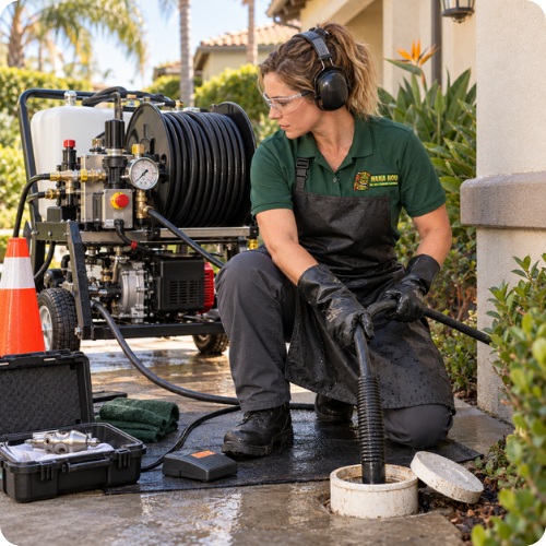 Hydro jetting by a Hana Hou Home plumber cleaning a residential sewer line in Orange County.