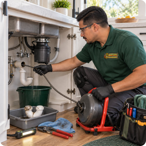 Kitchen and bath drain service by a Hana Hou Home plumber clearing an under-sink drain in Orange County.