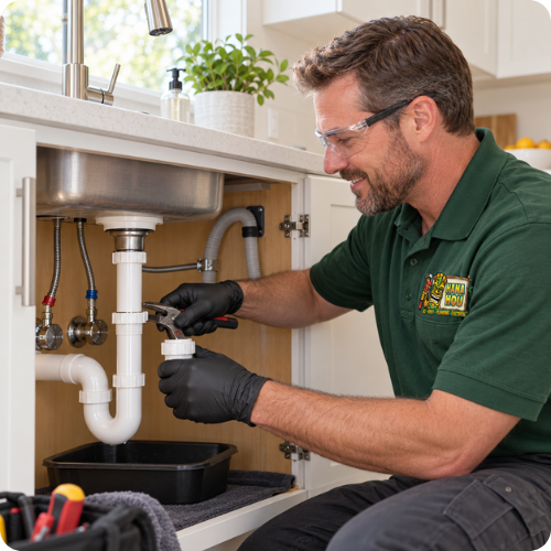 Hana Hou Home plumber repairing the drain and P-trap beneath a residential kitchen sink.
