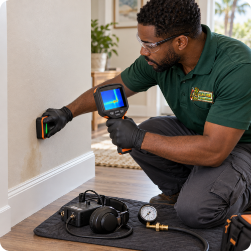 Hana Hou Home plumber using thermal imaging and a moisture meter to locate a hidden plumbing leak.